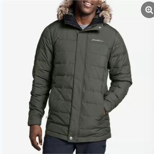 Eddie Bauer S Boundary Pass Down Parka Green Puffer Faux Fur Hood Coat Jacket